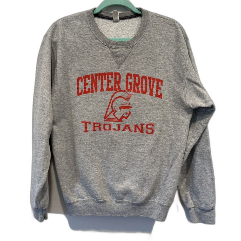 Center Grove Sweatshirt Trojans Top Gray Crewneck Long Sleeve Football sz Medium